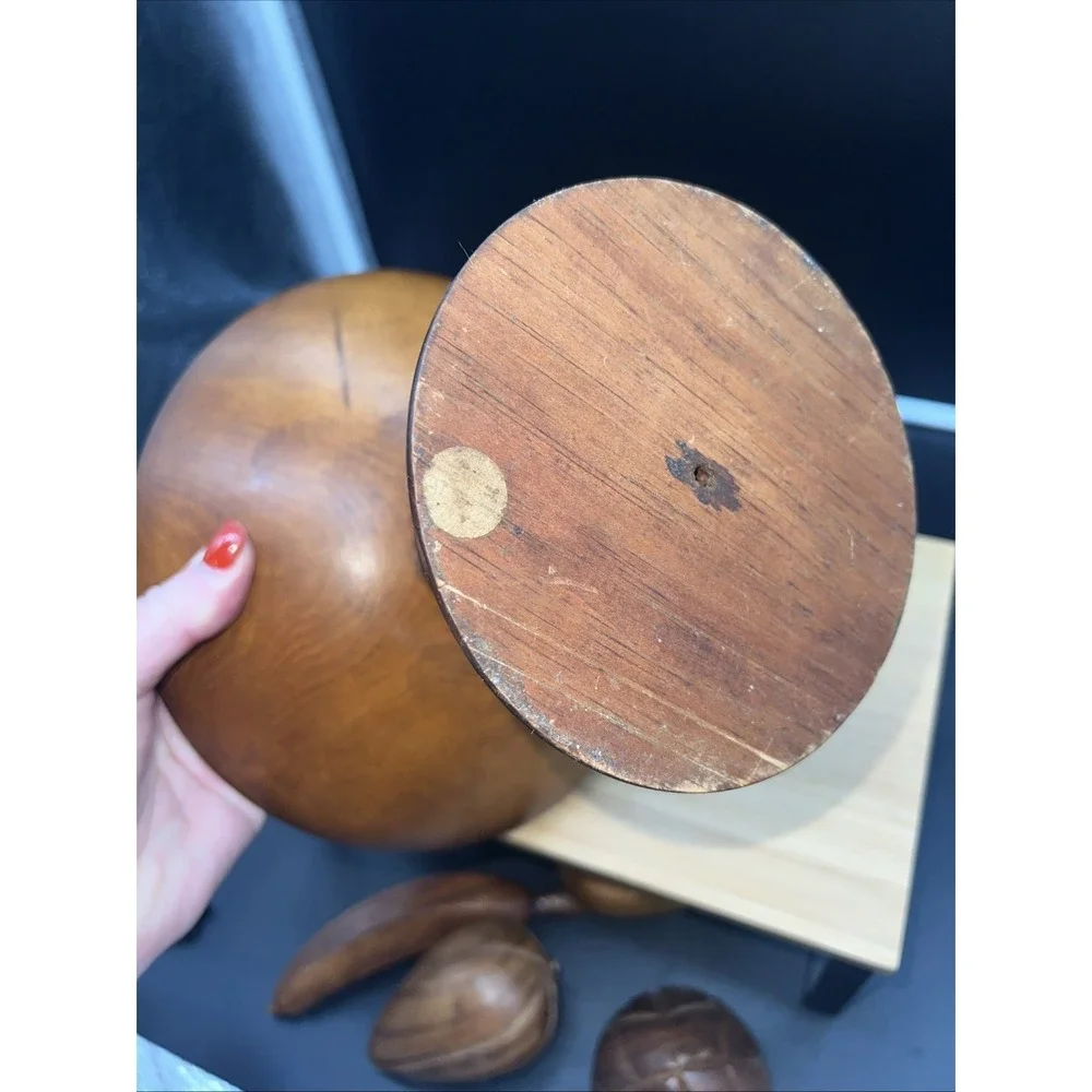 MCM Vintage Carved Wood Bowl W Fruit Pieces Grapes Apple Pear Mid Century Wooden